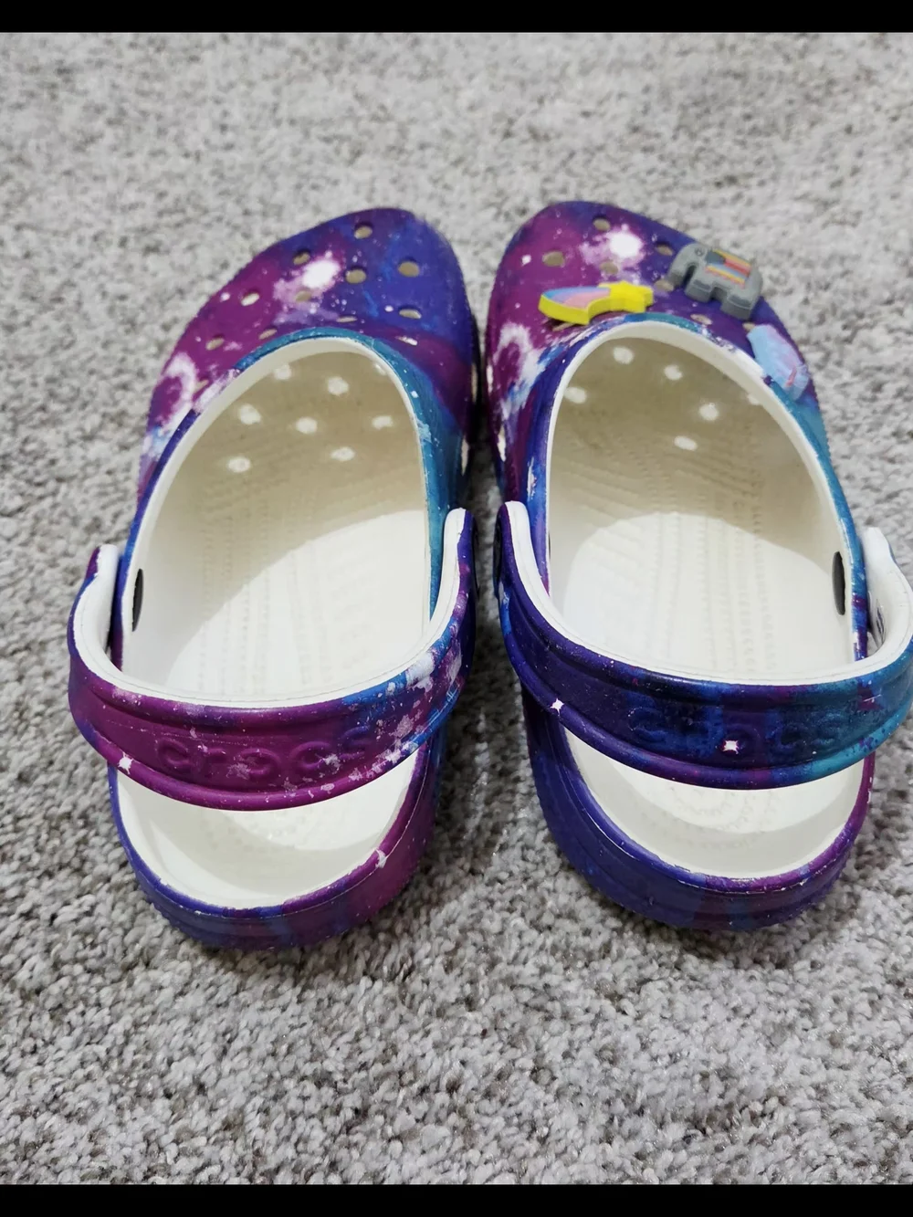 CROCS Kids Galaxy Print Clogs in Purple and Blue with Space Charms